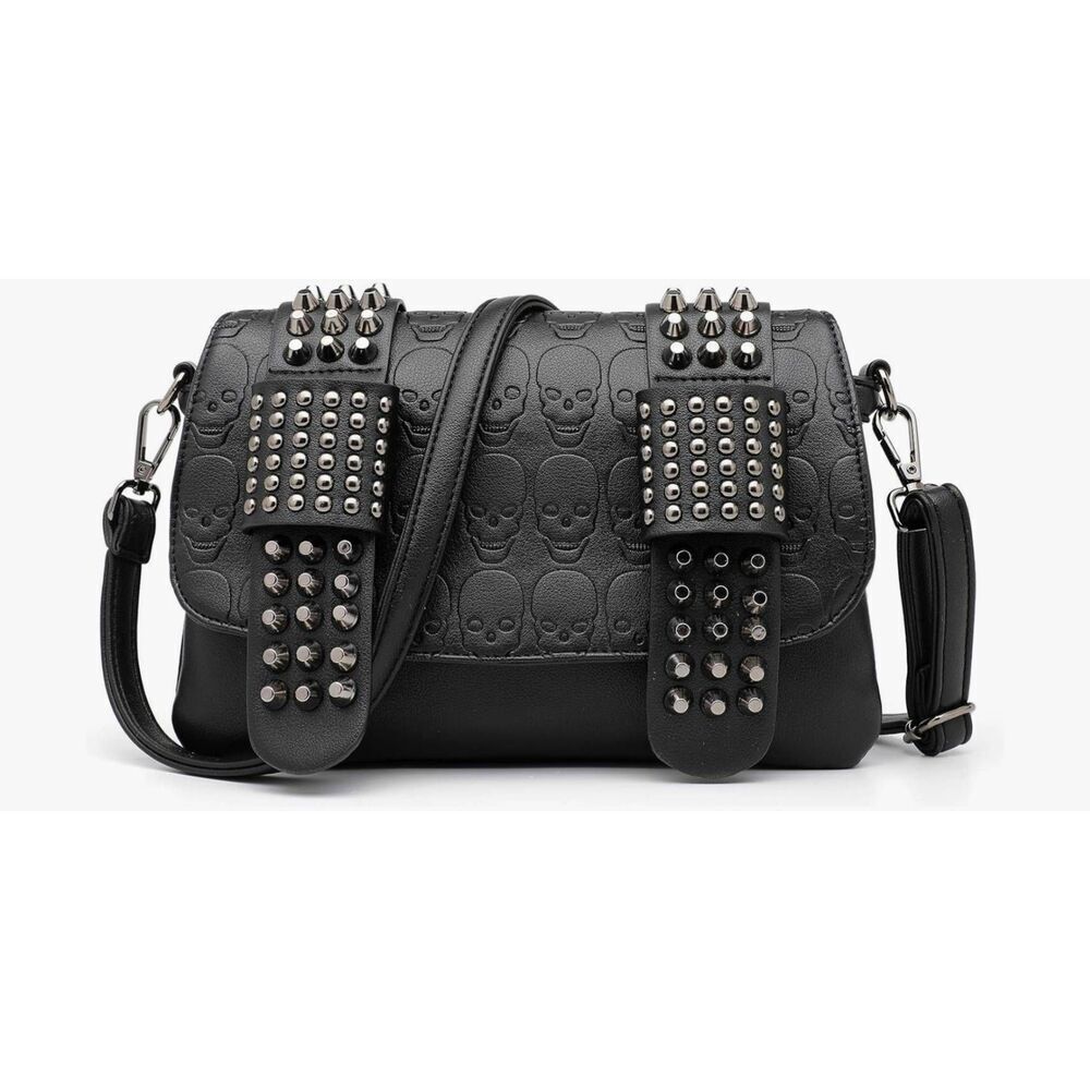 NWOT~Black Gothic Skull Design Crossbody Skull Silver Rivet Purse Handbag